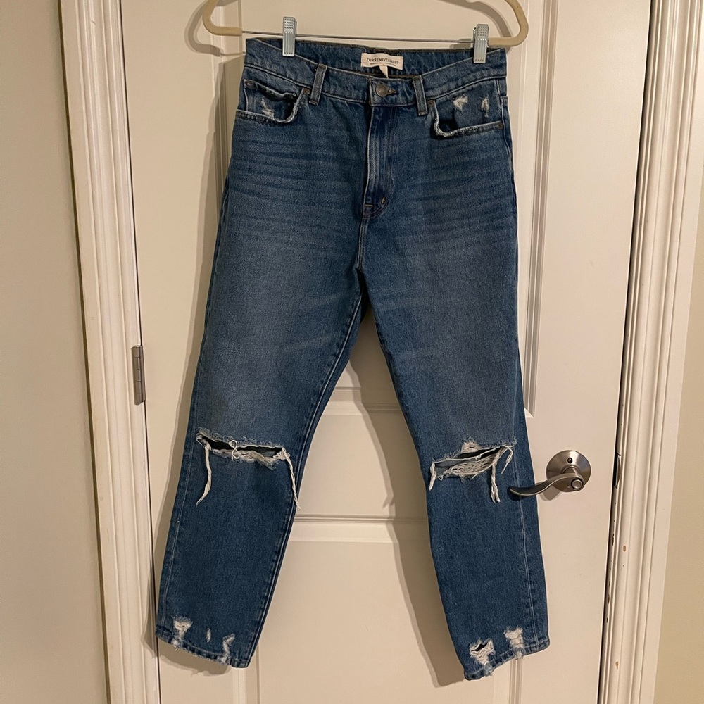 Current/Elliott - Straight Leg Distressed Blue Jeans